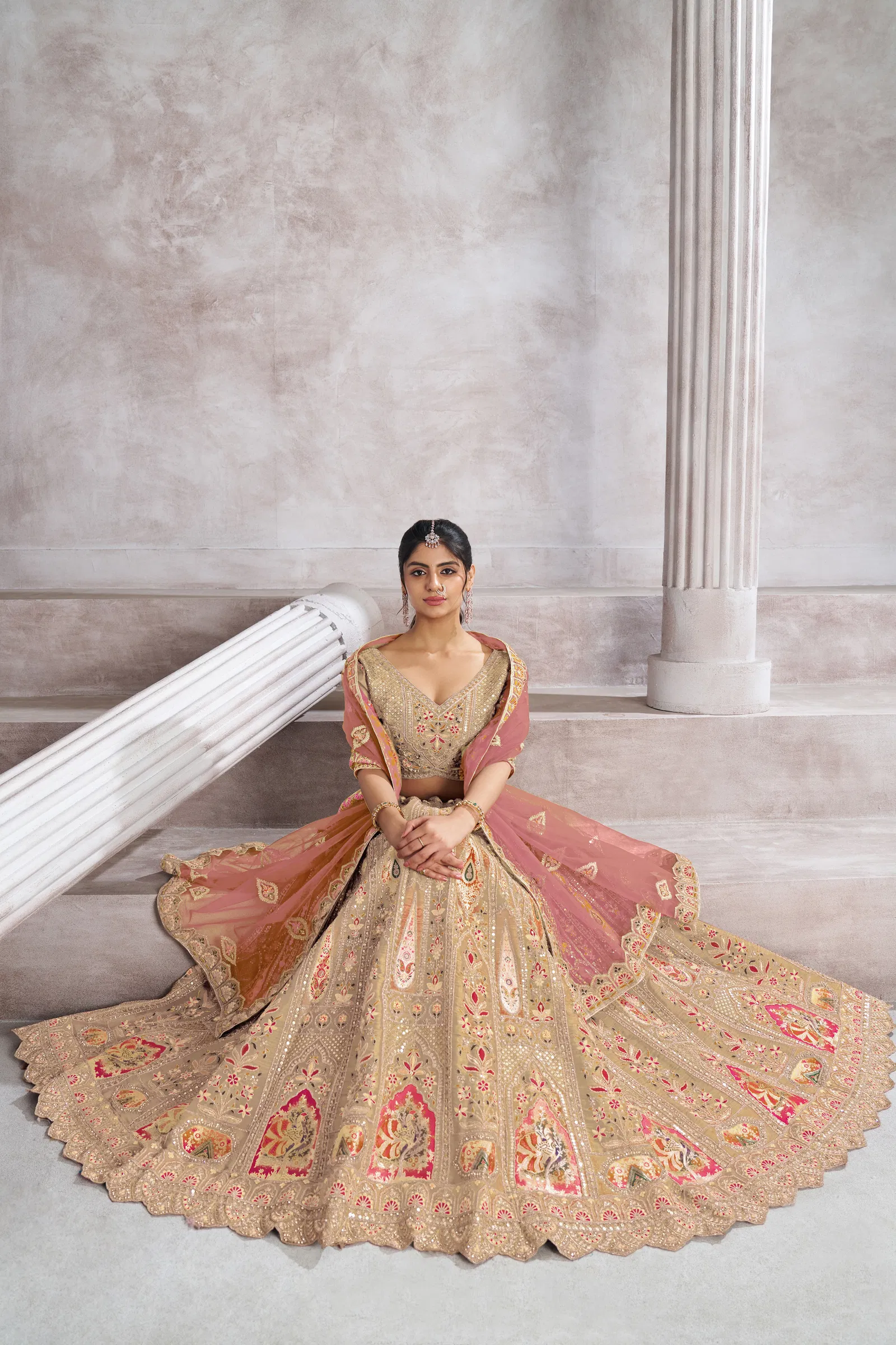 Kf 32 Chiku Banarasi Silk Patch Work Semi Bridal Lehenga Choli Online Wholesale